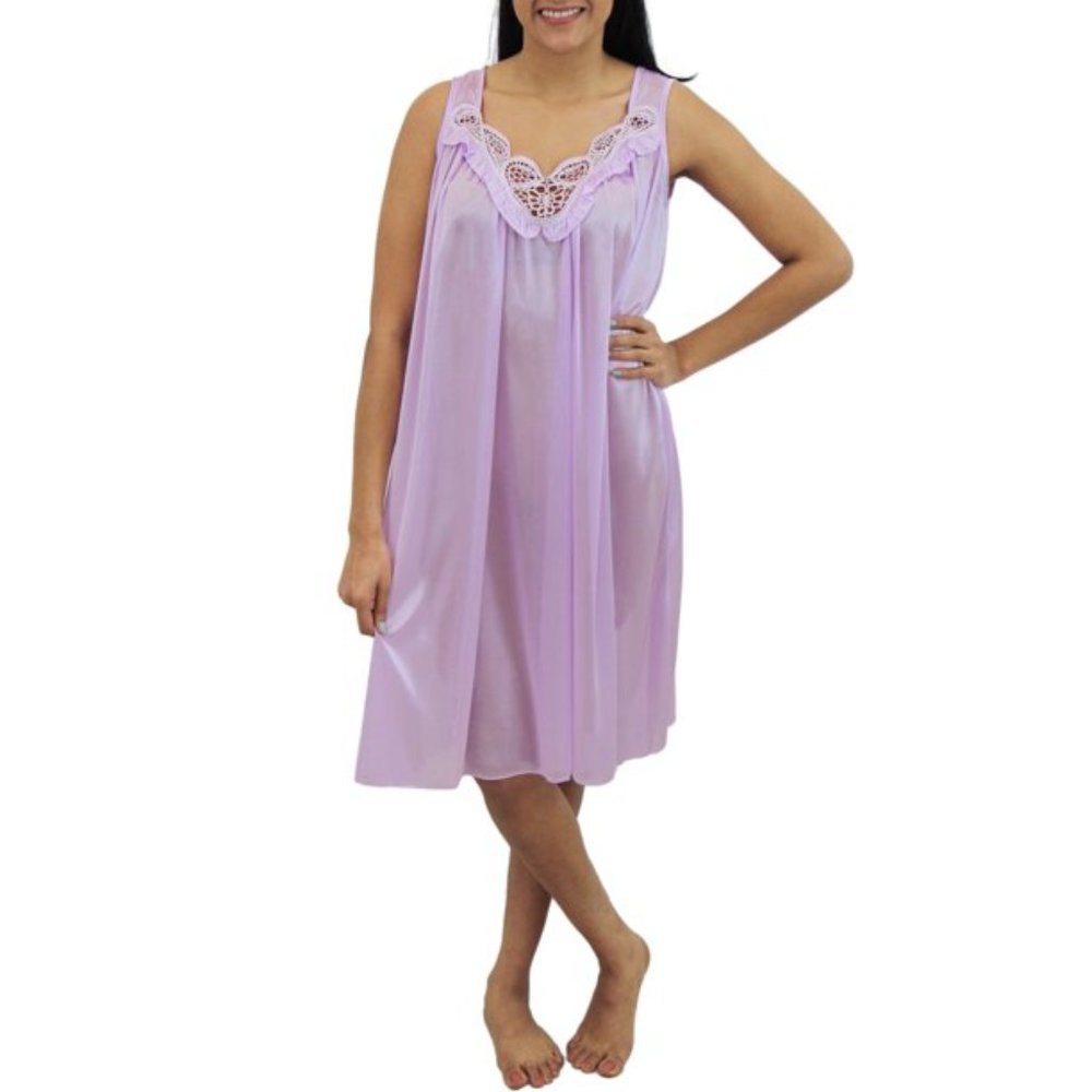 Women Polyester Satin Nightgown Sleepwear Female Sleep Dress Nightshirt Lavender